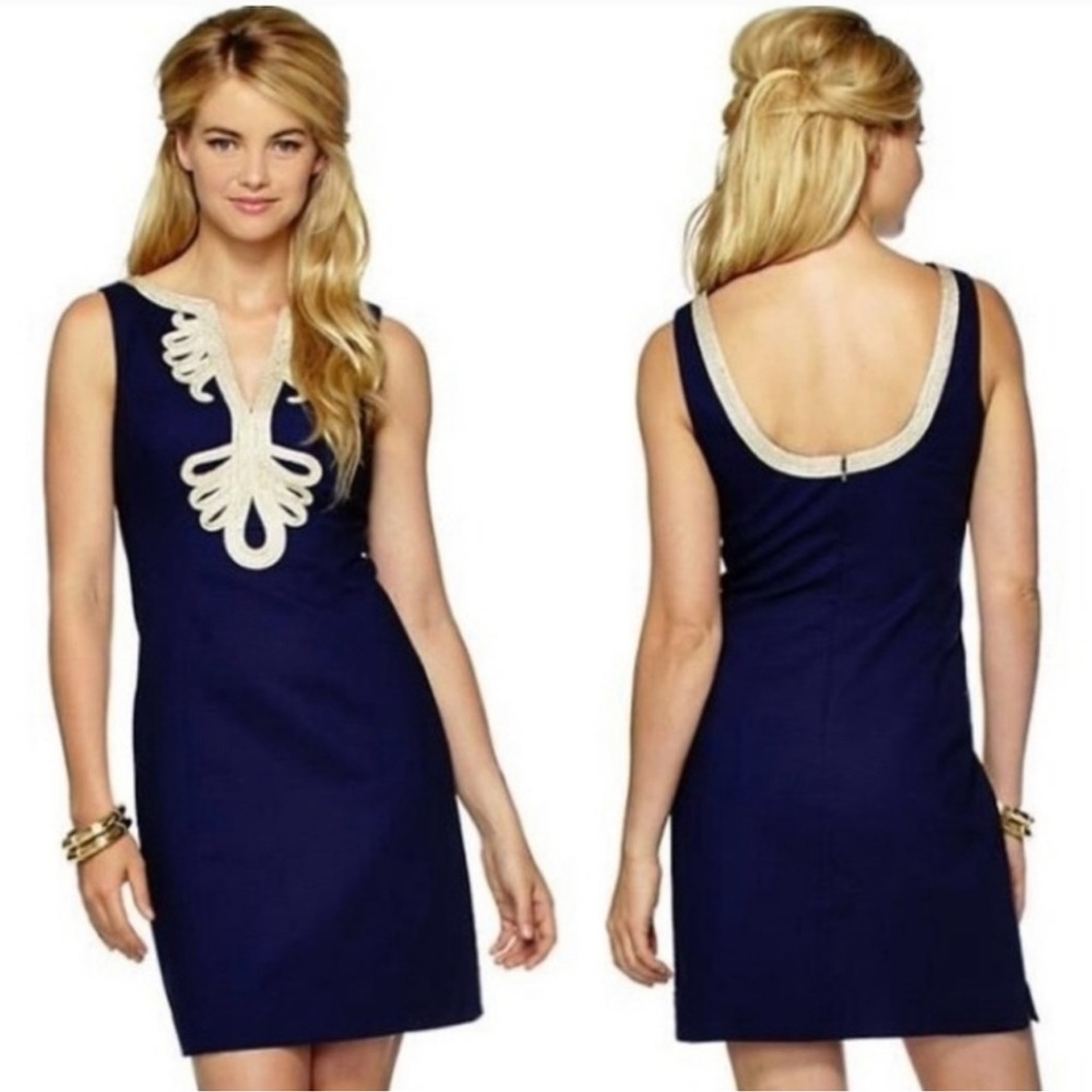 Lilly Pulitzer Navy Blue Gold Embroidered Embellished Janice Shift Dress